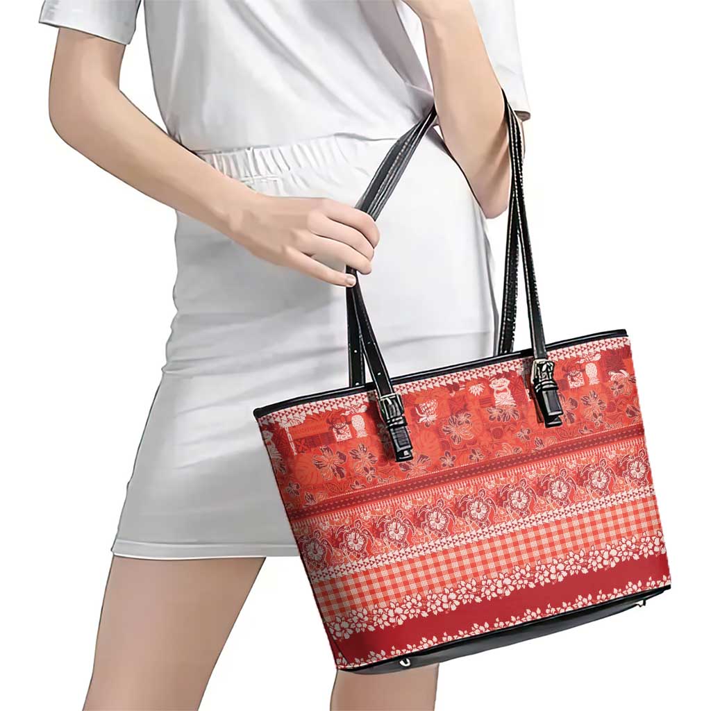 Hawaiian Hibiscus Honu Leather Tote Bag Red Mele Kalikimaka Palaka Spirit - Polynesian Pride
