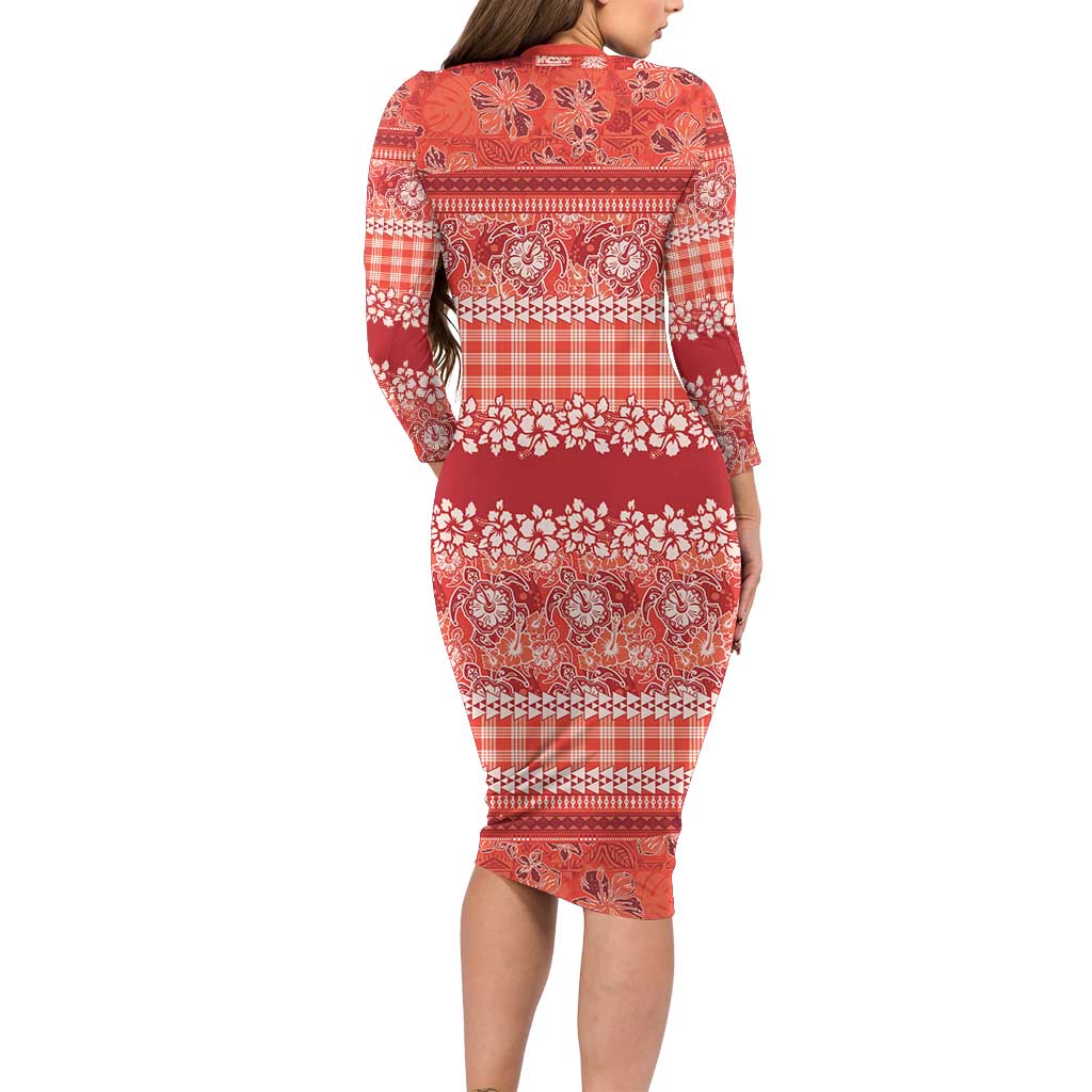 Hawaiian Hibiscus Honu Long Sleeve Bodycon Dress Red Mele Kalikimaka Palaka Spirit LT9 - Polynesian Pride