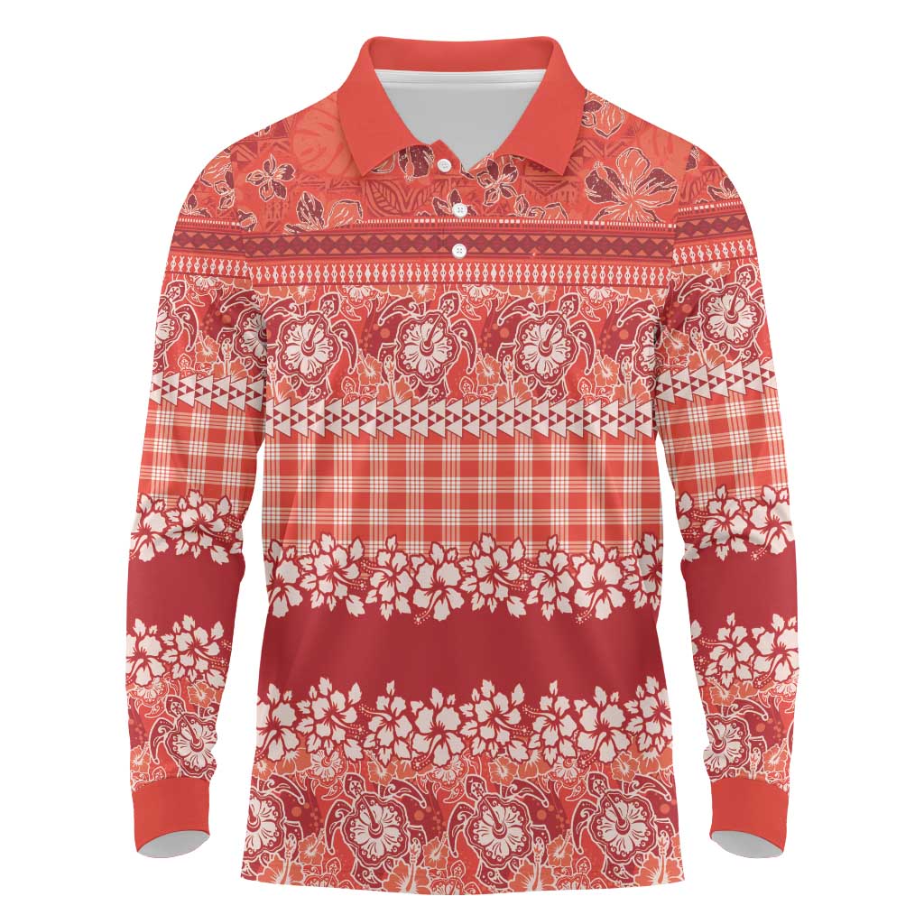 Hawaiian Hibiscus Honu Long Sleeve Polo Shirt Red Mele Kalikimaka Palaka Spirit LT9 Red - Polynesian Pride