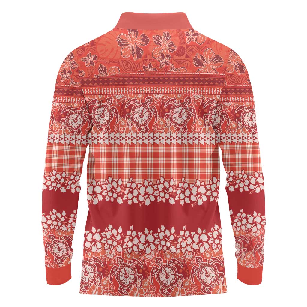 Hawaiian Hibiscus Honu Long Sleeve Polo Shirt Red Mele Kalikimaka Palaka Spirit LT9 - Polynesian Pride