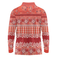 Hawaiian Hibiscus Honu Long Sleeve Polo Shirt Red Mele Kalikimaka Palaka Spirit LT9 - Polynesian Pride