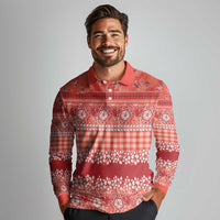 Hawaiian Hibiscus Honu Long Sleeve Polo Shirt Red Mele Kalikimaka Palaka Spirit LT9 - Polynesian Pride