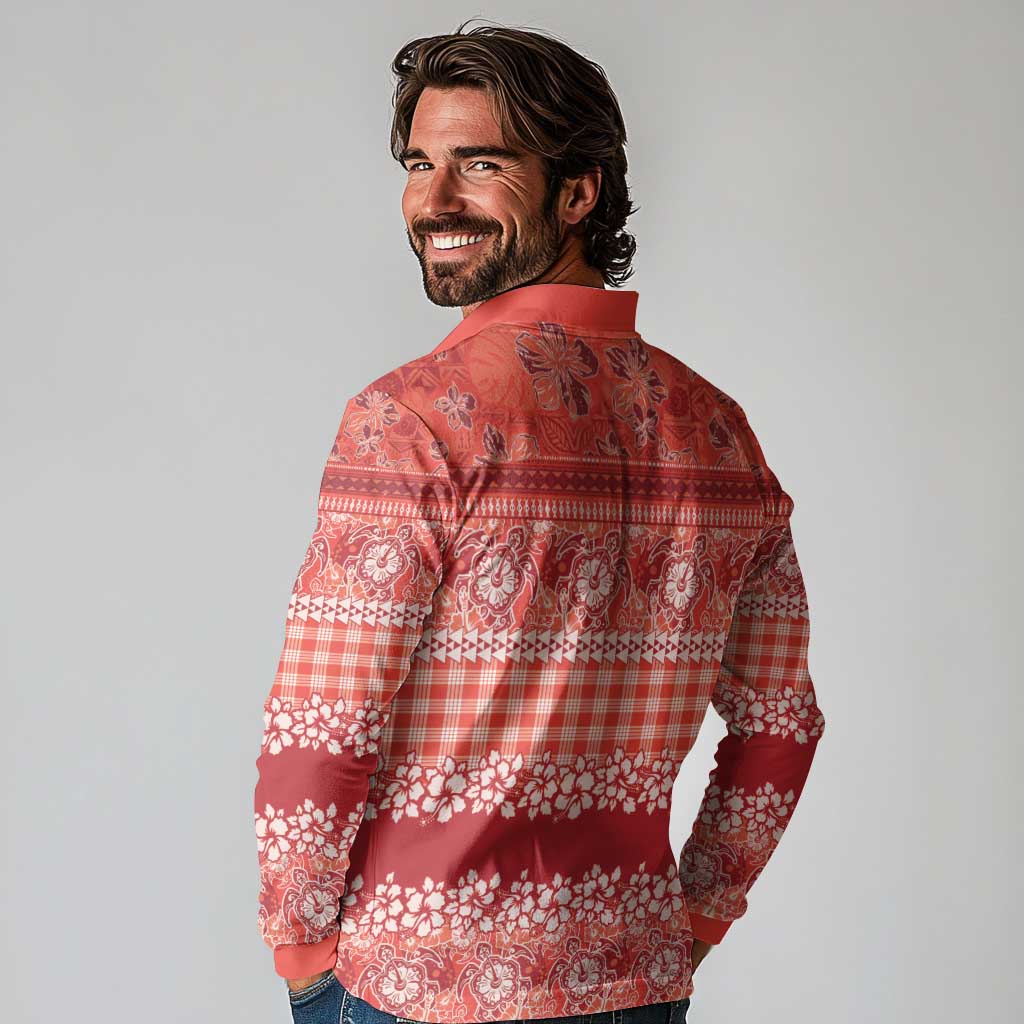 Hawaiian Hibiscus Honu Long Sleeve Polo Shirt Red Mele Kalikimaka Palaka Spirit LT9 - Polynesian Pride