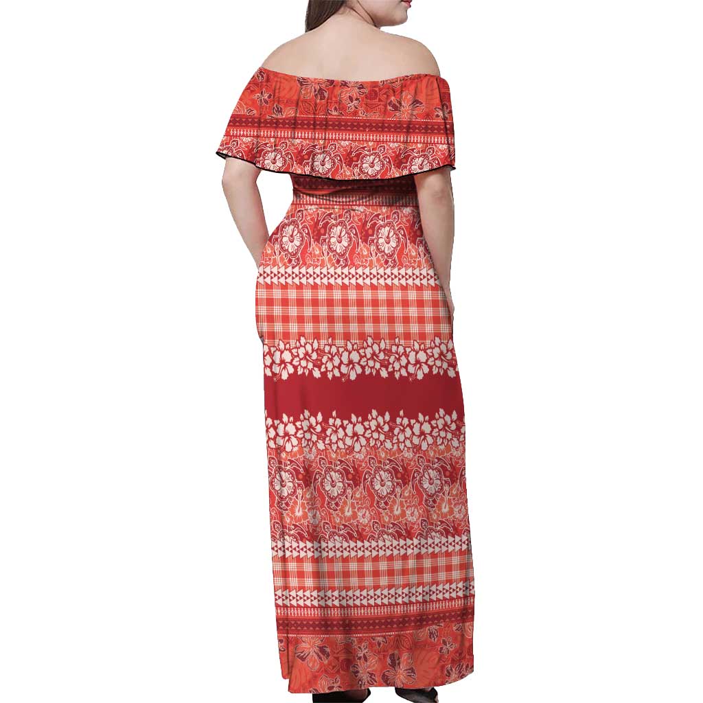 Hawaiian Hibiscus Honu Off Shoulder Maxi Dress Red Mele Kalikimaka Palaka Spirit LT9 - Polynesian Pride