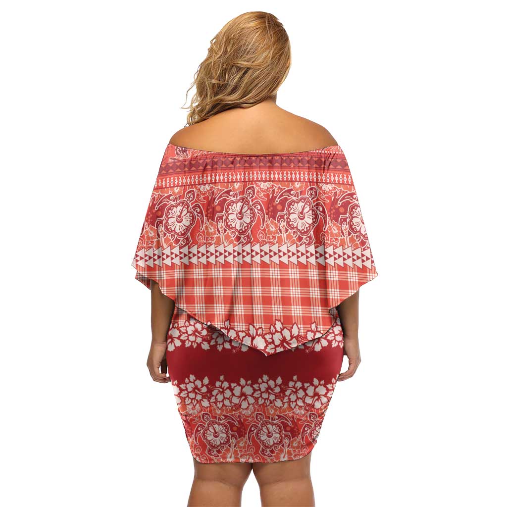 Hawaiian Hibiscus Honu Off Shoulder Short Dress Red Mele Kalikimaka Palaka Spirit LT9 - Polynesian Pride