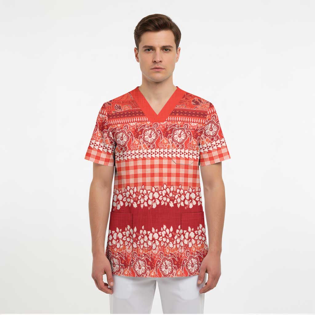 Hawaiian Hibiscus Honu Scrub Top Red Mele Kalikimaka Palaka Spirit - Polynesian Pride
