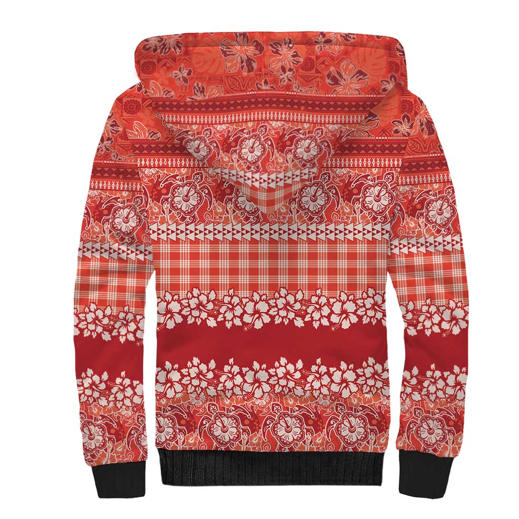 Hawaiian Hibiscus Honu Sherpa Hoodie Red Mele Kalikimaka Palaka Spirit LT9 - Polynesian Pride