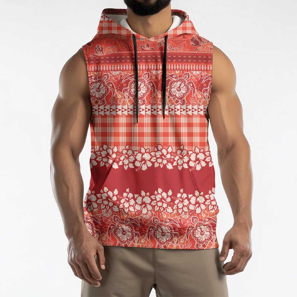 Hawaiian Hibiscus Honu Sleeveless Hoodie Red Mele Kalikimaka Palaka Spirit LT9 - Polynesian Pride