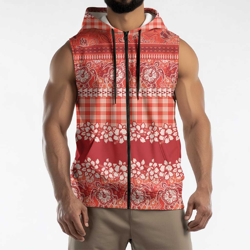 Hawaiian Hibiscus Honu Sleeveless Zip Hoodie Red Mele Kalikimaka Palaka Spirit LT9 - Polynesian Pride