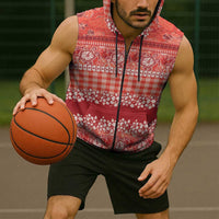 Hawaiian Hibiscus Honu Sleeveless Zip Hoodie Red Mele Kalikimaka Palaka Spirit LT9 - Polynesian Pride