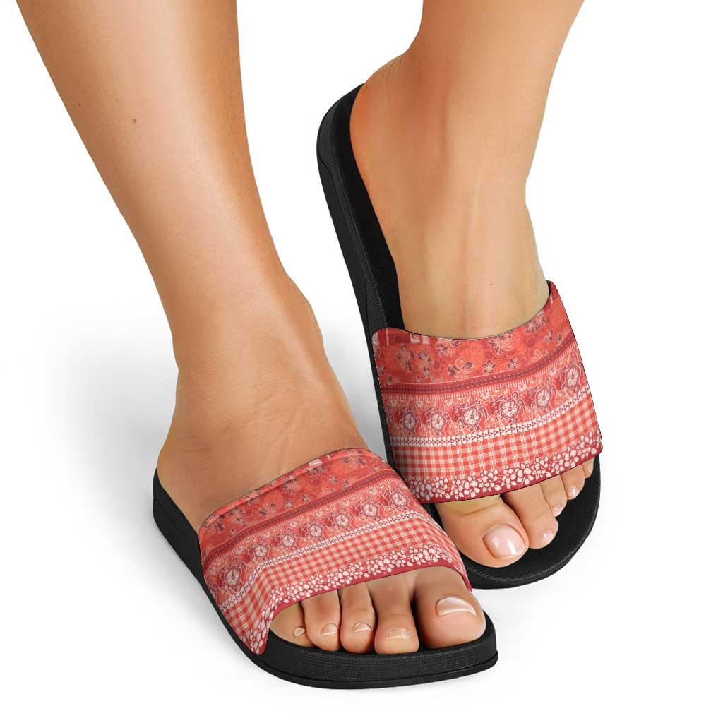 Hawaiian Hibiscus Honu Slide Sandals Red Mele Kalikimaka Palaka Spirit - Polynesian Pride