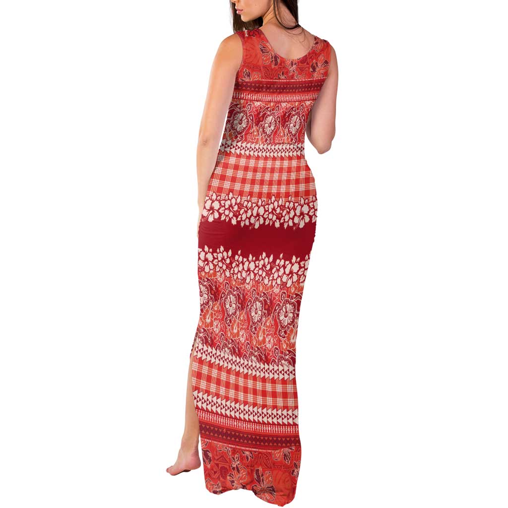 Hawaiian Hibiscus Honu Tank Maxi Dress Red Mele Kalikimaka Palaka Spirit LT9 - Polynesian Pride