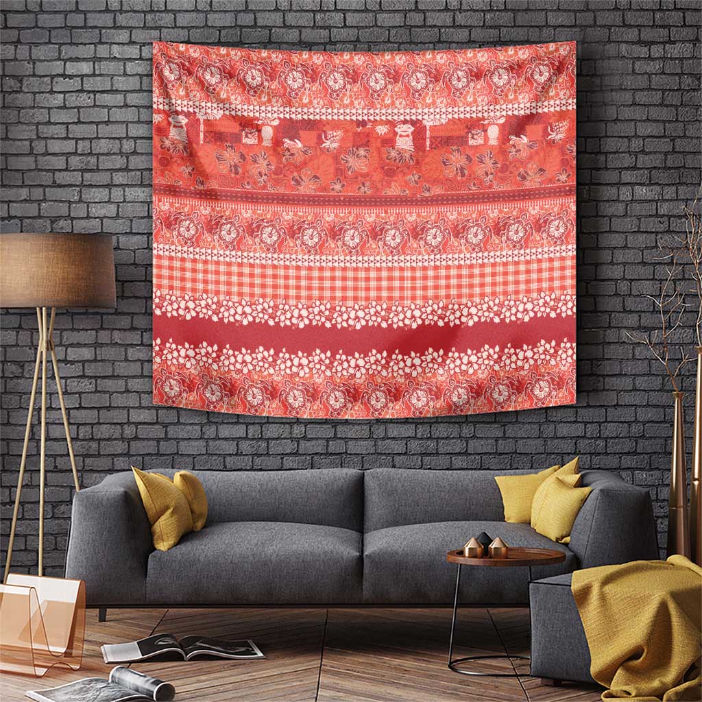 Hawaiian Hibiscus Honu Tapestry Red Mele Kalikimaka Palaka Spirit - Polynesian Pride