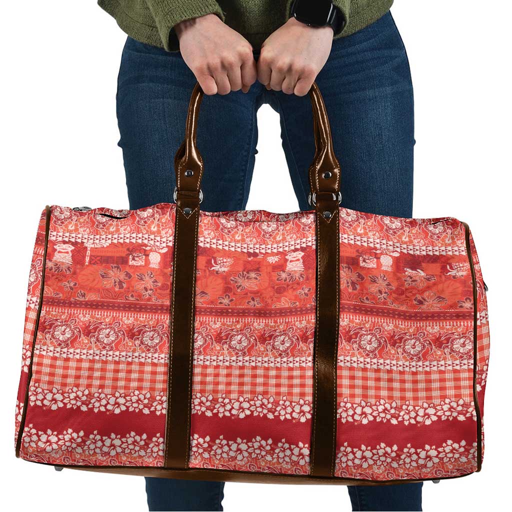 Hawaiian Hibiscus Honu Travel Bag Red Mele Kalikimaka Palaka Spirit - Polynesian Pride