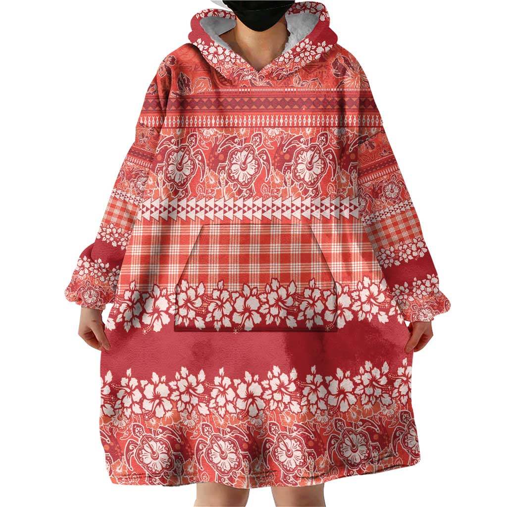 Hawaiian Hibiscus Honu Wearable Blanket Hoodie Red Mele Kalikimaka Palaka Spirit LT9 - Polynesian Pride