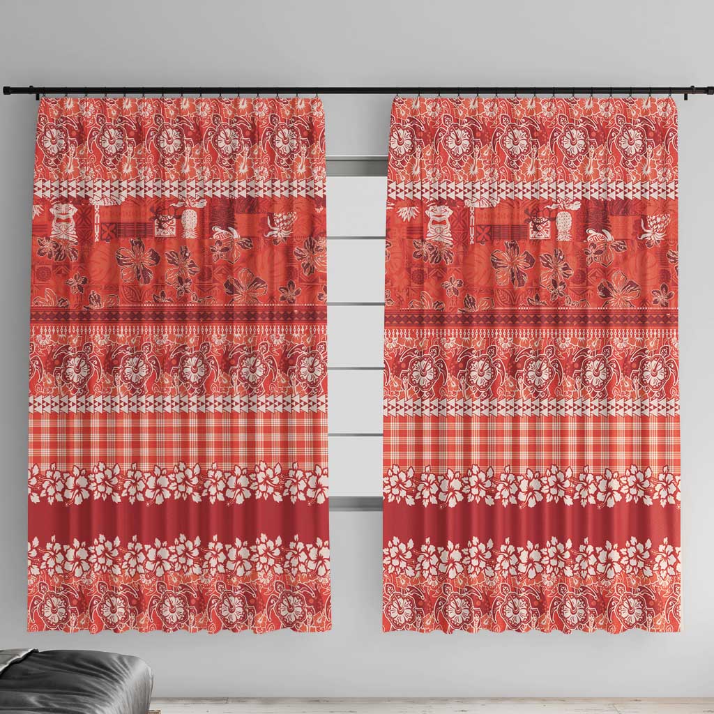 Hawaiian Hibiscus Honu Window Curtain Red Mele Kalikimaka Palaka Spirit LT9 With Hooks Red - Polynesian Pride