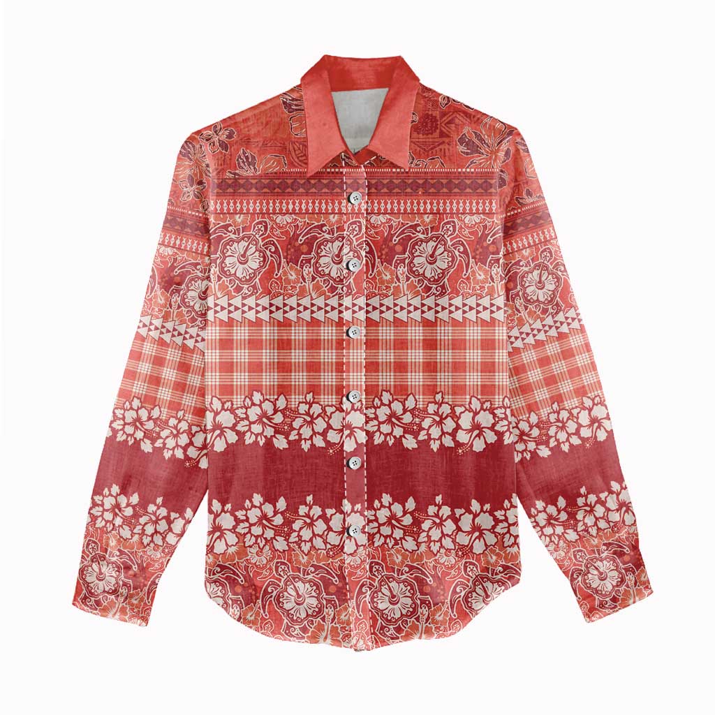 Hawaiian Hibiscus Honu Women Casual Shirt Red Mele Kalikimaka Palaka Spirit - Polynesian Pride