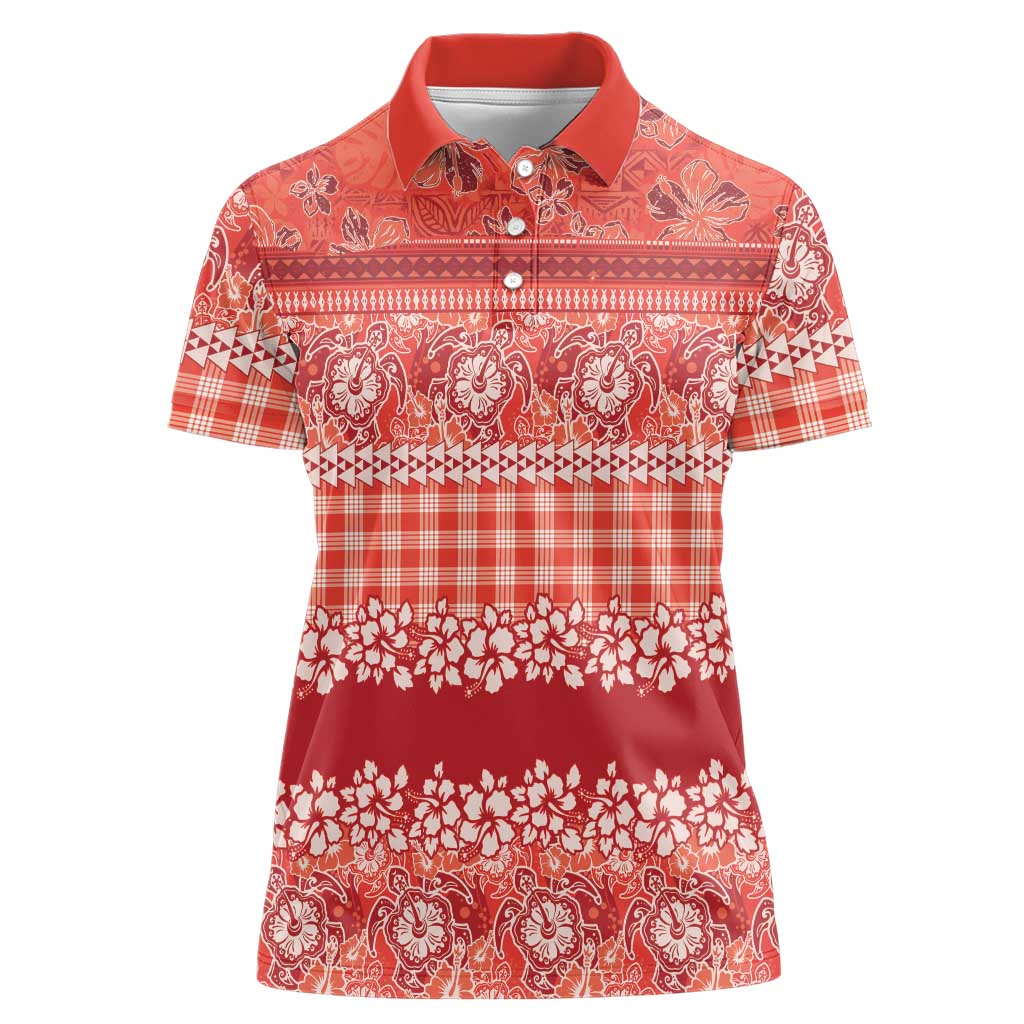 Hawaiian Hibiscus Honu Women Polo Shirt Red Mele Kalikimaka Palaka Spirit LT9 Female Red - Polynesian Pride