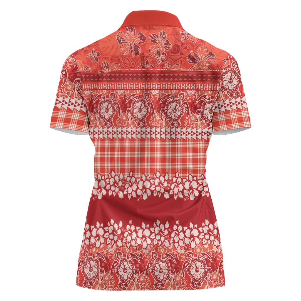 Hawaiian Hibiscus Honu Women Polo Shirt Red Mele Kalikimaka Palaka Spirit LT9 - Polynesian Pride