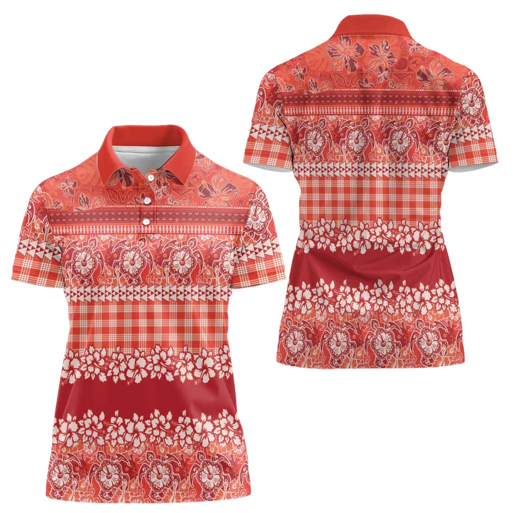 Hawaiian Hibiscus Honu Women Polo Shirt Red Mele Kalikimaka Palaka Spirit LT9 - Polynesian Pride