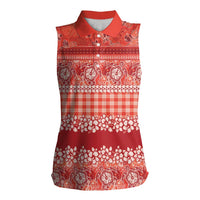 Hawaiian Hibiscus Honu Women Sleeveless Polo Shirt Red Mele Kalikimaka Palaka Spirit LT9 Female Red - Polynesian Pride