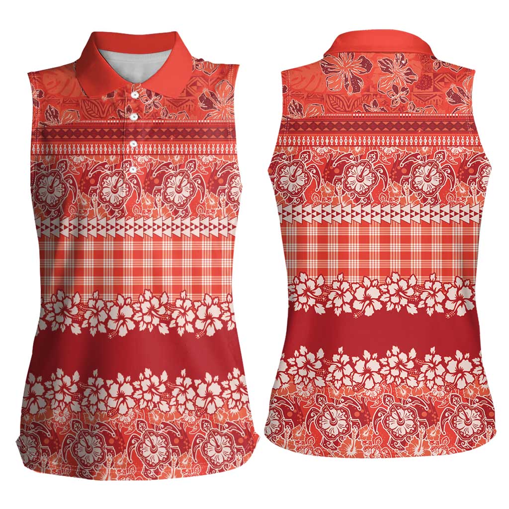 Hawaiian Hibiscus Honu Women Sleeveless Polo Shirt Red Mele Kalikimaka Palaka Spirit LT9 - Polynesian Pride