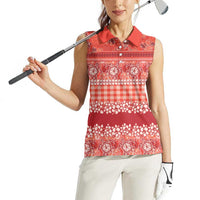 Hawaiian Hibiscus Honu Women Sleeveless Polo Shirt Red Mele Kalikimaka Palaka Spirit LT9 - Polynesian Pride