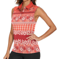 Hawaiian Hibiscus Honu Women Sleeveless Polo Shirt Red Mele Kalikimaka Palaka Spirit LT9 - Polynesian Pride