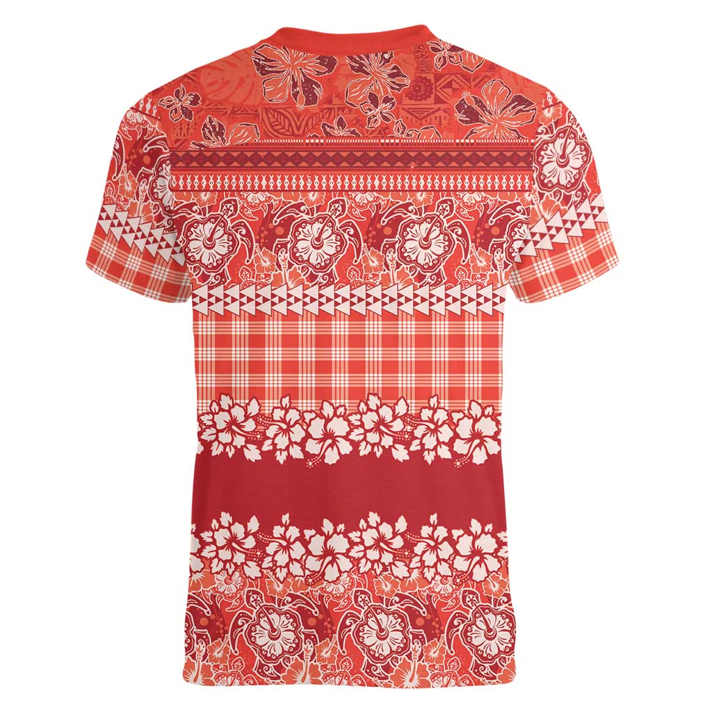 Hawaiian Hibiscus Honu Women V-Neck T-Shirt Red Mele Kalikimaka Palaka Spirit LT9 - Polynesian Pride