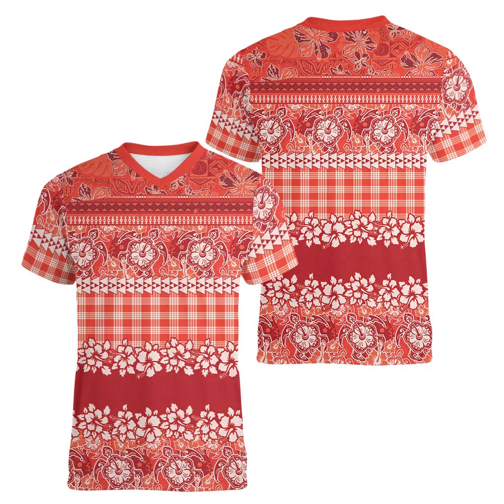 Hawaiian Hibiscus Honu Women V-Neck T-Shirt Red Mele Kalikimaka Palaka Spirit LT9 - Polynesian Pride