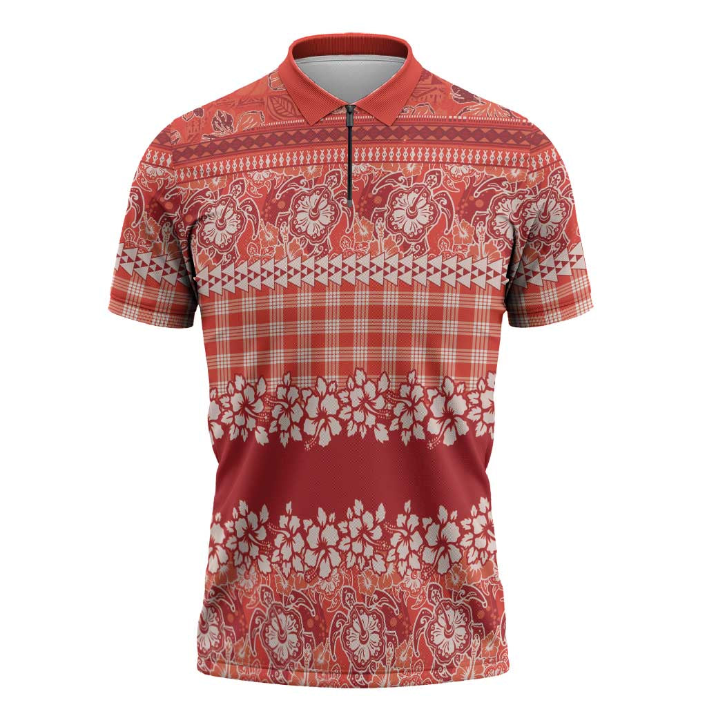 Hawaiian Hibiscus Honu Zipper Polo Shirt Red Mele Kalikimaka Palaka Spirit LT9 Red - Polynesian Pride