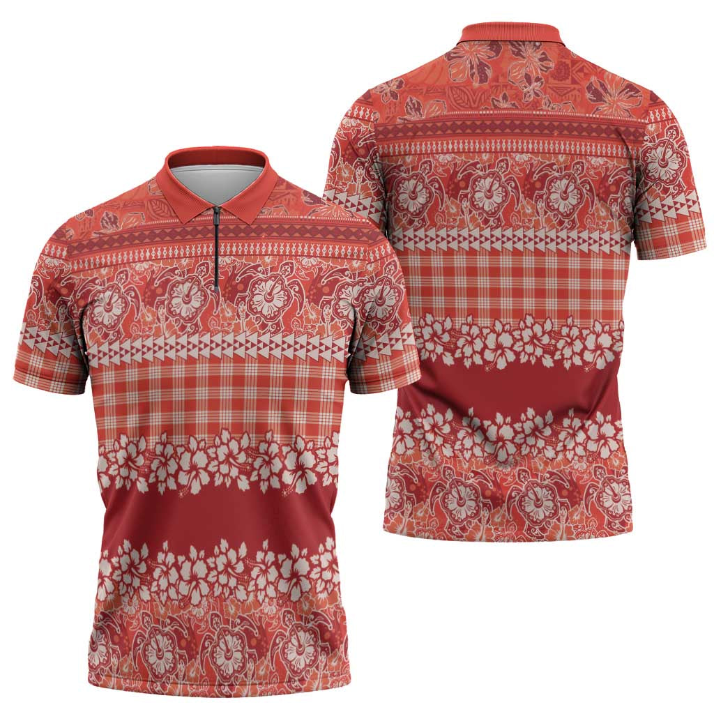 Hawaiian Hibiscus Honu Zipper Polo Shirt Red Mele Kalikimaka Palaka Spirit LT9 - Polynesian Pride