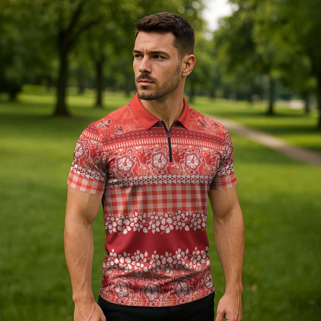 Hawaiian Hibiscus Honu Zipper Polo Shirt Red Mele Kalikimaka Palaka Spirit LT9 - Polynesian Pride