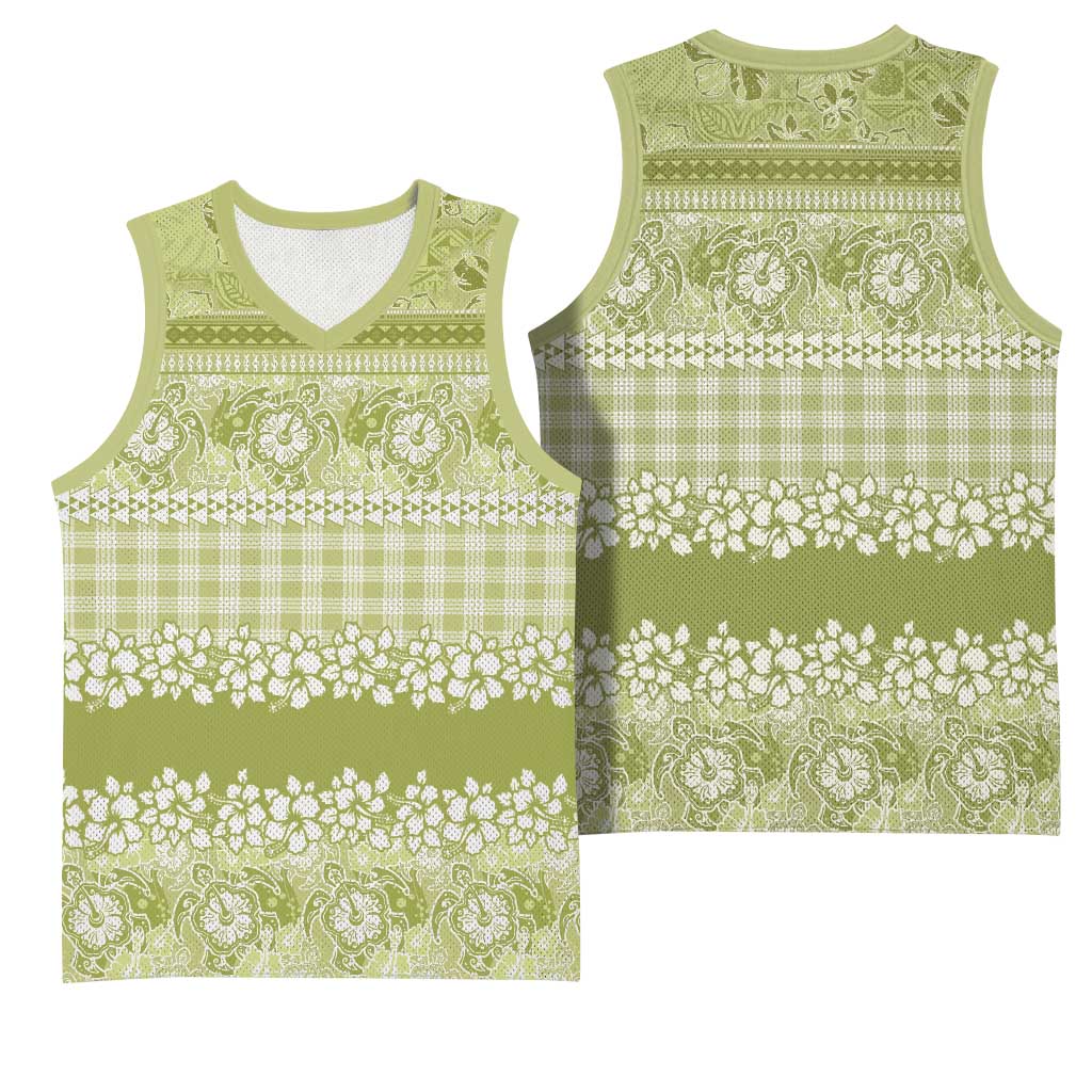 Hawaiian Hibiscus Honu Basketball Jersey Sage Green Mele Kalikimaka Palaka Spirit LT9 - Polynesian Pride