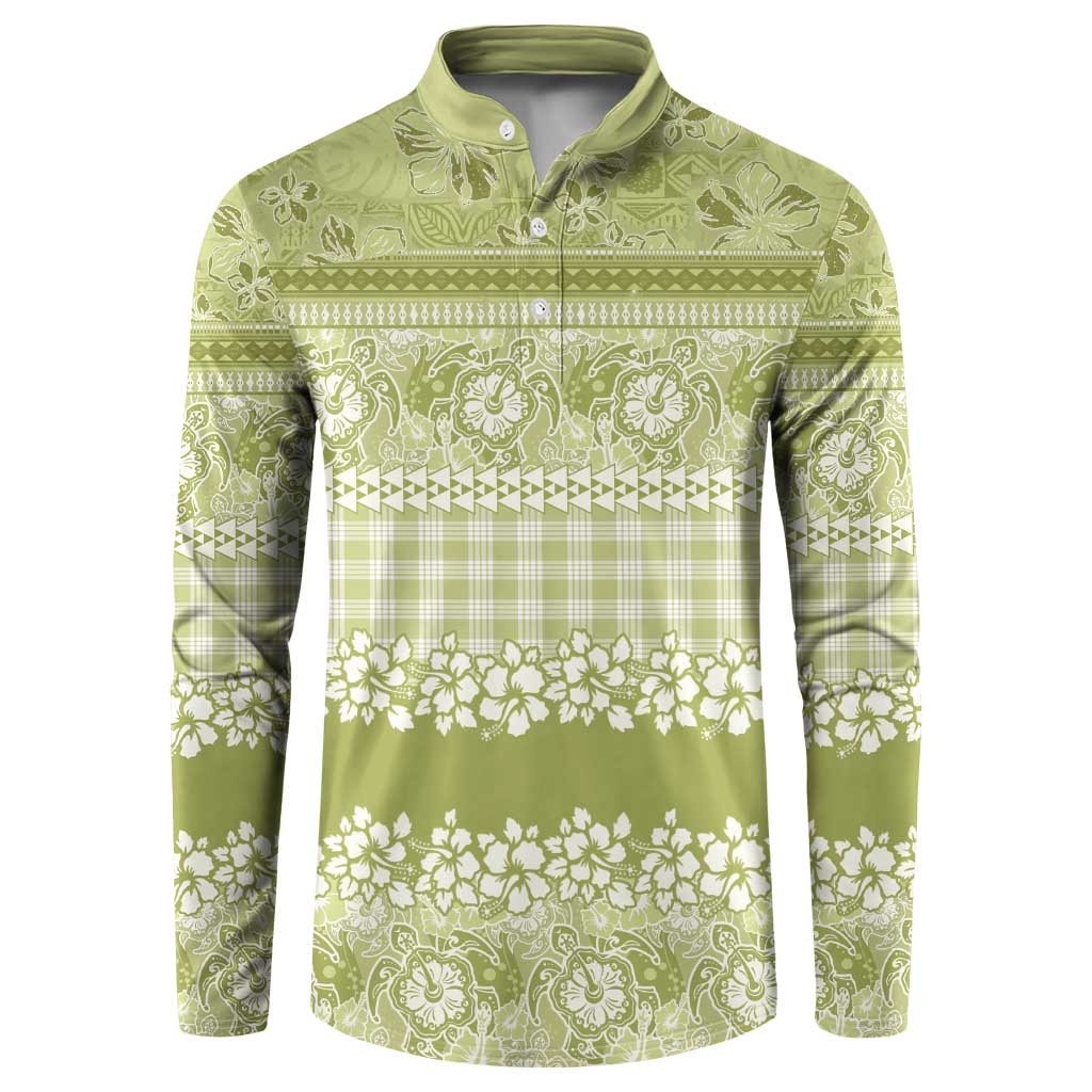 Hawaiian Hibiscus Honu Button Sweatshirt Sage Green Mele Kalikimaka Palaka Spirit - Polynesian Pride
