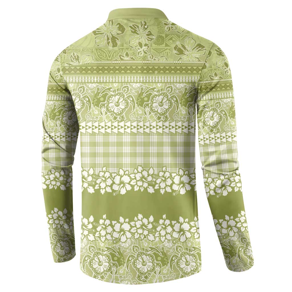 Hawaiian Hibiscus Honu Button Sweatshirt Sage Green Mele Kalikimaka Palaka Spirit - Polynesian Pride