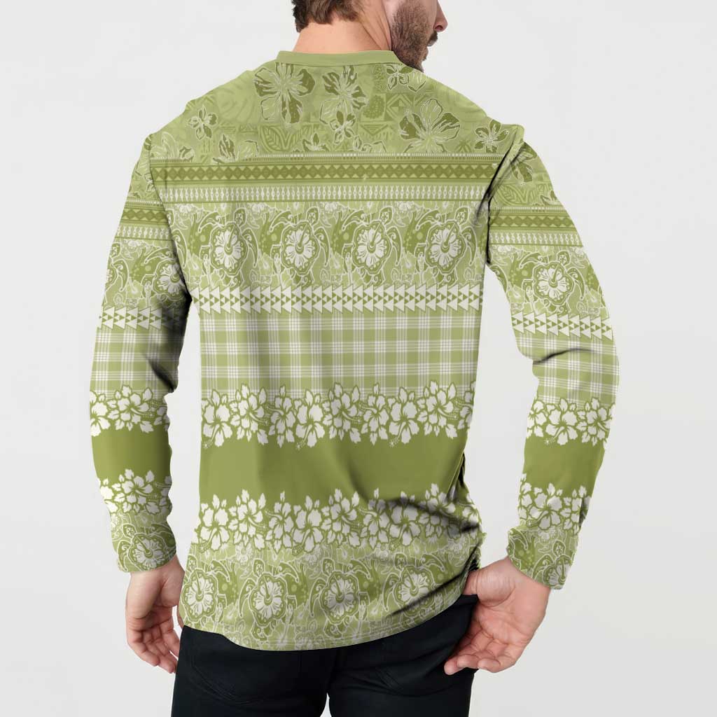 Hawaiian Hibiscus Honu Button Sweatshirt Sage Green Mele Kalikimaka Palaka Spirit - Polynesian Pride