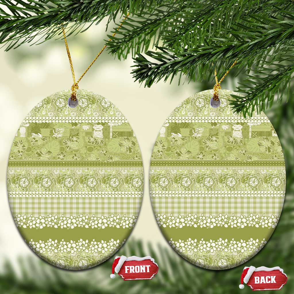 Hawaiian Hibiscus Honu Ceramic Ornament Sage Green Mele Kalikimaka Palaka Spirit - Polynesian Pride