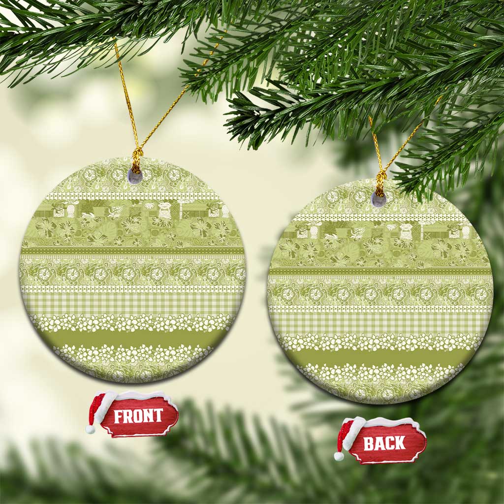 Hawaiian Hibiscus Honu Ceramic Ornament Sage Green Mele Kalikimaka Palaka Spirit - Polynesian Pride