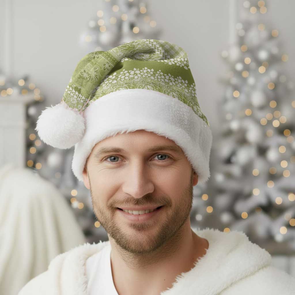 Hawaiian Hibiscus Honu Christmas Santa Hat Sage Green Mele Kalikimaka Palaka Spirit LT9 - Polynesian Pride