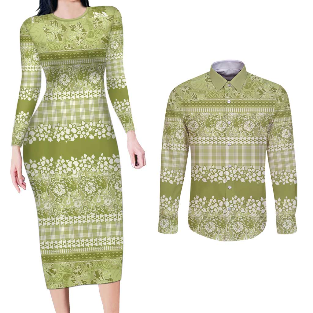 Hawaiian Hibiscus Honu Couples Matching Long Sleeve Bodycon Dress and Long Sleeve Button Shirt Sage Green Mele Kalikimaka Palaka Spirit LT9 Sage Green - Polynesian Pride