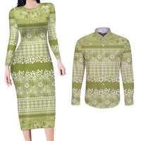Hawaiian Hibiscus Honu Couples Matching Long Sleeve Bodycon Dress and Long Sleeve Button Shirt Sage Green Mele Kalikimaka Palaka Spirit LT9 Sage Green - Polynesian Pride