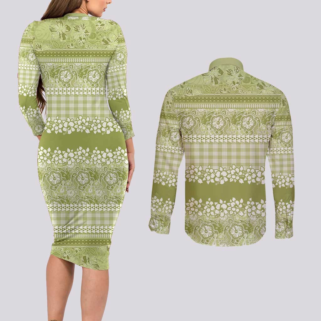 Hawaiian Hibiscus Honu Couples Matching Long Sleeve Bodycon Dress and Long Sleeve Button Shirt Sage Green Mele Kalikimaka Palaka Spirit LT9 - Polynesian Pride