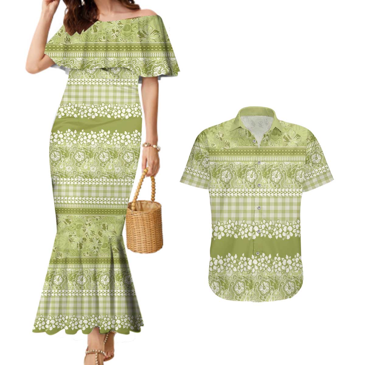 Hawaiian Hibiscus Honu Couples Matching Mermaid Dress and Hawaiian Shirt Sage Green Mele Kalikimaka Palaka Spirit LT9 Sage Green - Polynesian Pride