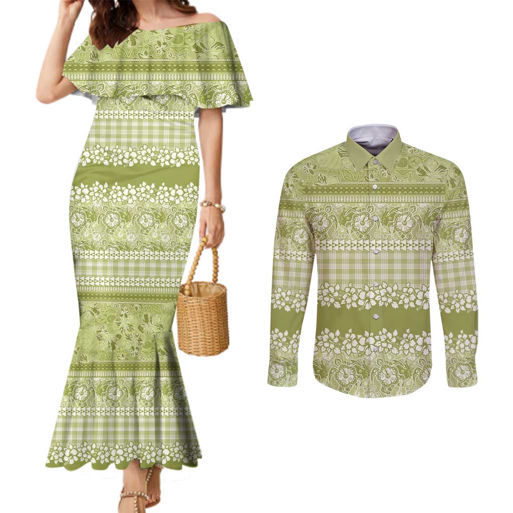 Hawaiian Hibiscus Honu Couples Matching Mermaid Dress and Long Sleeve Button Shirt Sage Green Mele Kalikimaka Palaka Spirit LT9 Sage Green - Polynesian Pride