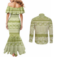 Hawaiian Hibiscus Honu Couples Matching Mermaid Dress and Long Sleeve Button Shirt Sage Green Mele Kalikimaka Palaka Spirit LT9 - Polynesian Pride