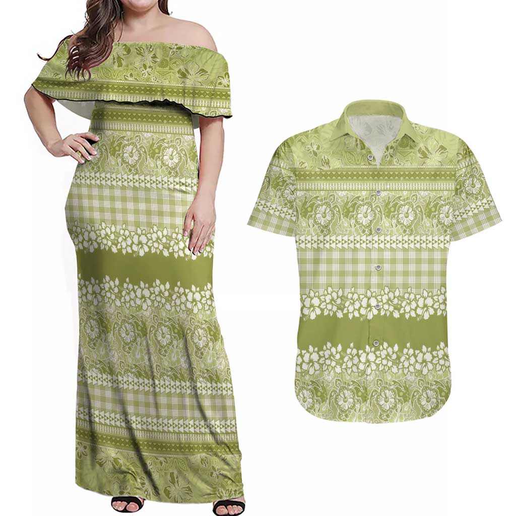 Hawaiian Hibiscus Honu Couples Matching Off Shoulder Maxi Dress and Hawaiian Shirt Sage Green Mele Kalikimaka Palaka Spirit LT9 Sage Green - Polynesian Pride