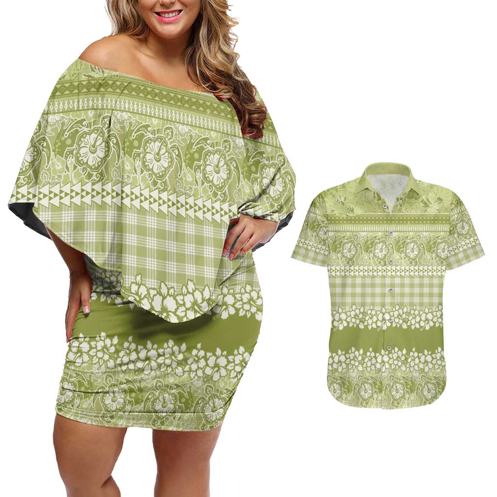 Hawaiian Hibiscus Honu Couples Matching Off Shoulder Short Dress and Hawaiian Shirt Sage Green Mele Kalikimaka Palaka Spirit LT9 Sage Green - Polynesian Pride