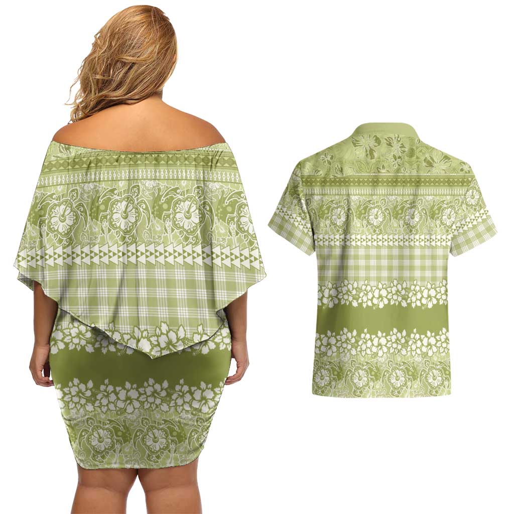 Hawaiian Hibiscus Honu Couples Matching Off Shoulder Short Dress and Hawaiian Shirt Sage Green Mele Kalikimaka Palaka Spirit LT9 - Polynesian Pride