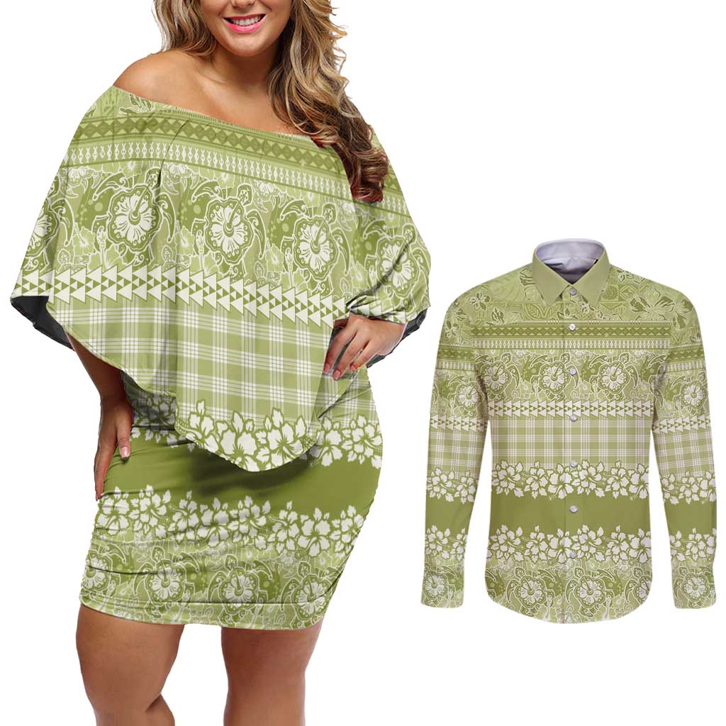 Hawaiian Hibiscus Honu Couples Matching Off Shoulder Short Dress and Long Sleeve Button Shirt Sage Green Mele Kalikimaka Palaka Spirit LT9 Sage Green - Polynesian Pride
